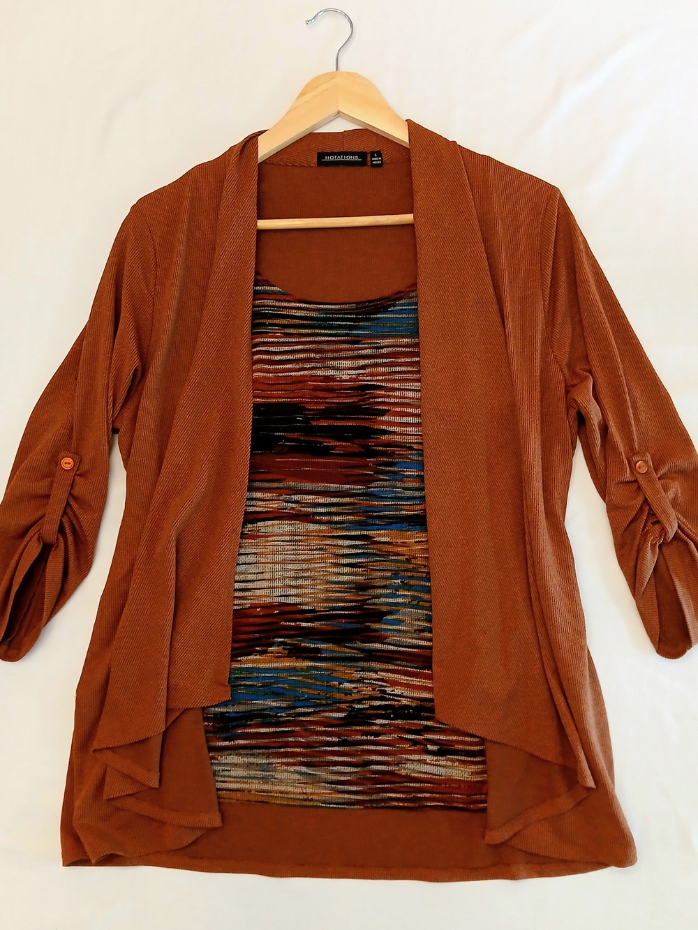 Notations Rust Open-Front Cardigan with Multicolor Striped Tank